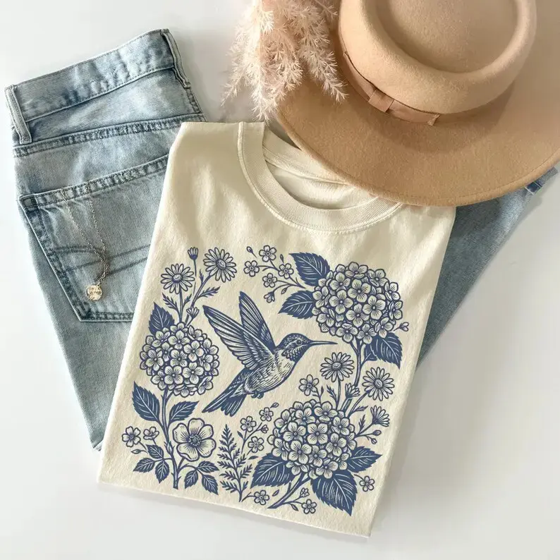 Hummingbird Floral T-Shirt, Vintage Botanical Wildflower Tshirt, Cottagecore Garden Tee, Nature Clothing, Gift For Women