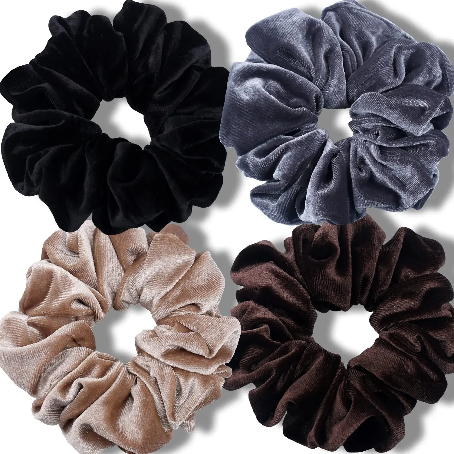 Women's Premium Velvet Jumbo Size Scrunchies, XL 6" Elastic Band Hair Accessories for Thick Hair, 4 Pack, Neutral, Velvet Soft