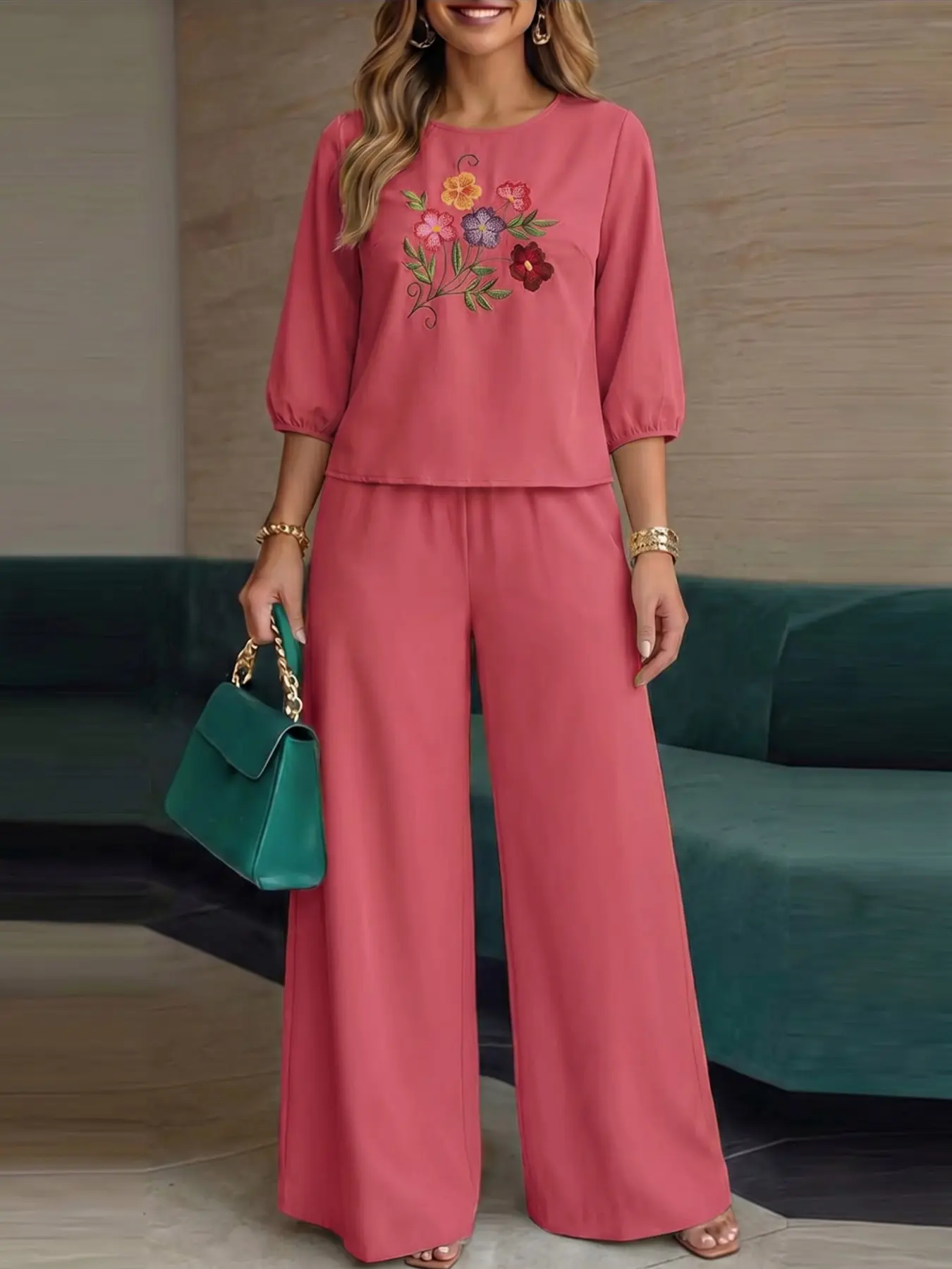 ZANZEA Women's Round Neck Lantern Sleeve Embroidered Blouse and Casual Wide Leg Pants Set, Leisure Style Two-Piece, Medium Length, Top Clothes