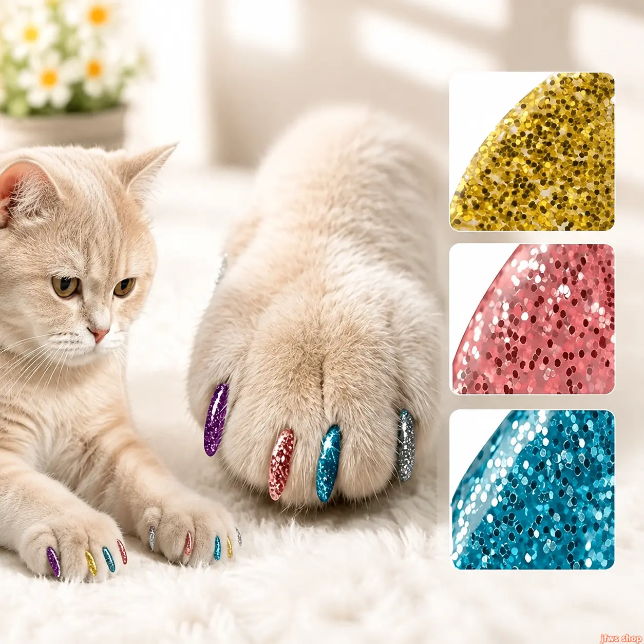 60 Packs Sparkling Soft Cat Nail Caps Non Toxic Anti Scratch Claw Covers for Pet Furniture Protection and Grooming homedecor