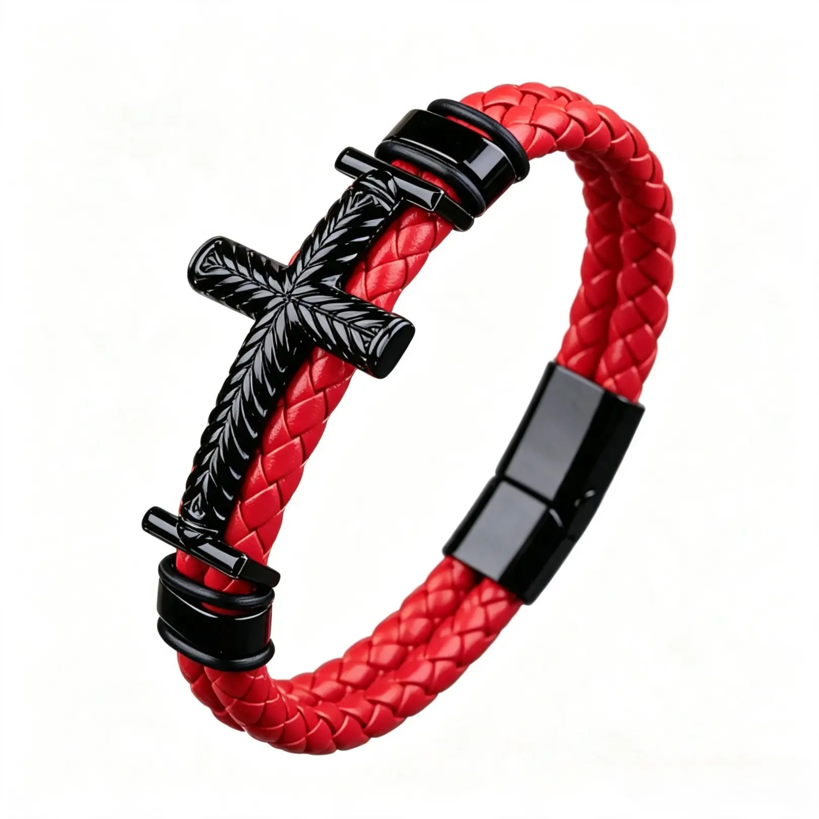 Men’s Braided Faux Leather Cross Bracelet With Magnetic Clasp, Textured Cross Wrist Jewelry, Stackable Faith Accessory Suitable For Daily Wear And Meaningful Holiday Gifts