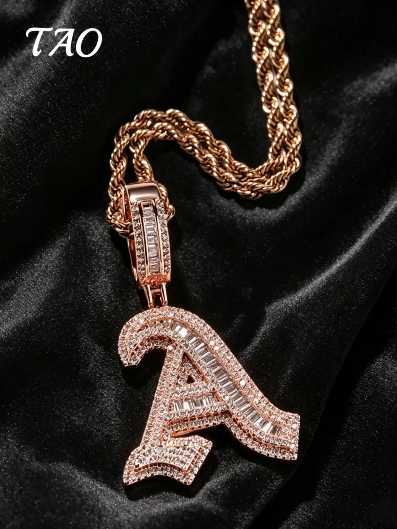 TAO-Creative Vintage Letter Pendant Necklace, Copper Inlaid Luxury Zircon, A-Z Alphabet Pendants, 24-Inch Braided Chain, Hip Hop Style