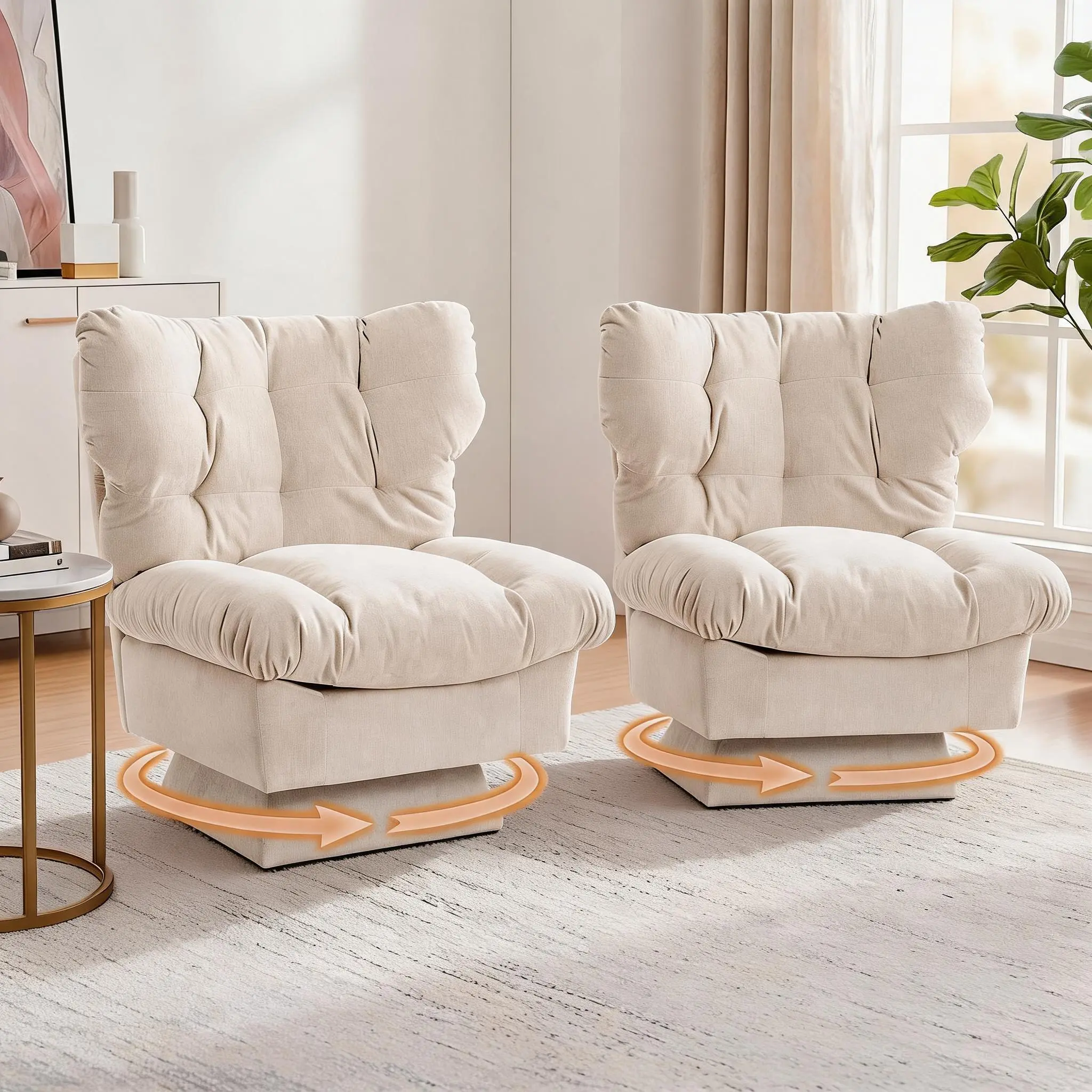 2 Pcs Chenille Swivel Accent Chair – 360° Comfy Modern Sofa Chair with Oversized Base & 20.8" Extended Seat, 300 lbs Capacity for Living Room, Bedroom, Office, Beige