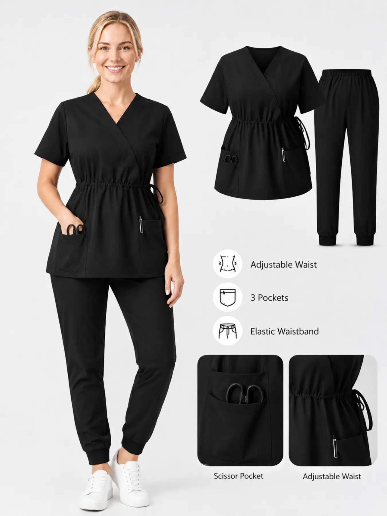 Comfortable Medical Scrub Set for Women, Nurse Scrubs Uniform Short Sleeve Top & Pants, Large Pocket, Breathable Elastic Workwear
