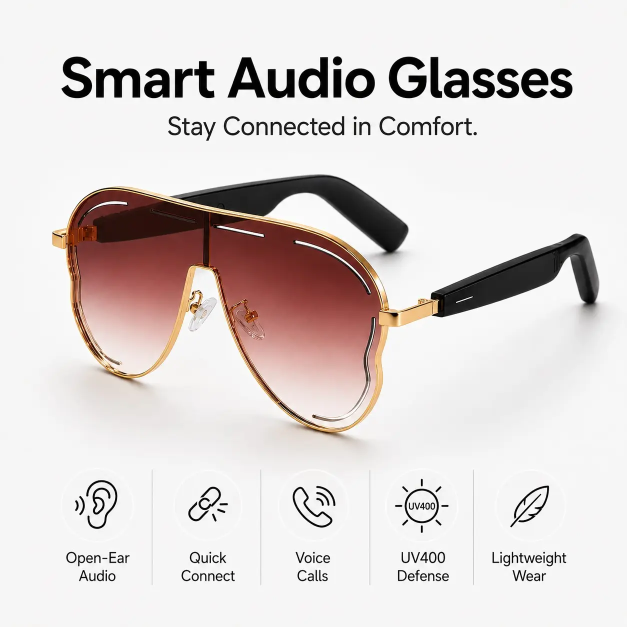 Smart Glasses with Open-Ear Sound, Bluetooth Sunglasses for Men Women, Wireless Music, Hands-Free Calls, Touch Control, Voice Assistant,Smart Audio Glasses for Driving Running Cycling