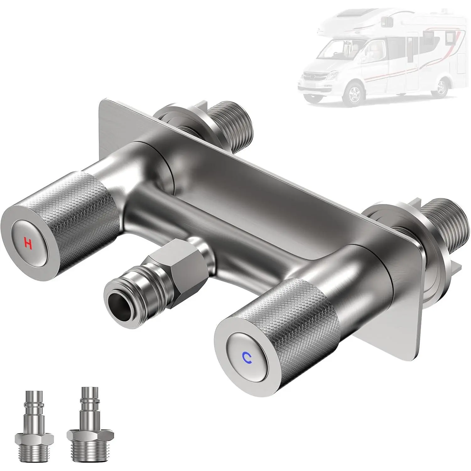 Brushed Nickel Modern 4-in Metal RV Outdoor Shower Faucet Diverter Valve, Explosion-Proof 2-Way Quick Connect with Filter, RVF01-BN