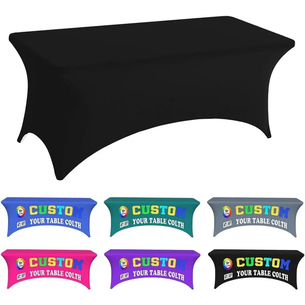 Tablecloth Table Cloth with Bussiness Logo Text Photo 4FT 6FT Spandex Table Covers for Events Tradeshow Wedding Anniversary Birthday, 6FT, Pure Black