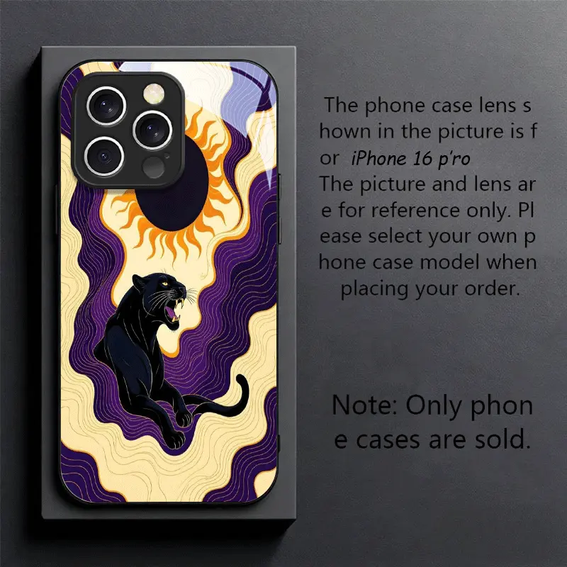 Tempered Glass Phone Case with Black Panther Chasing Sun Roaring Art - Black High-End Textured Protective Cover, Compatible with iOS iPhone 17 Air/16/15 Pro Max/14 Plus/13/12/11, Elegant Innovative Mobile Accessories