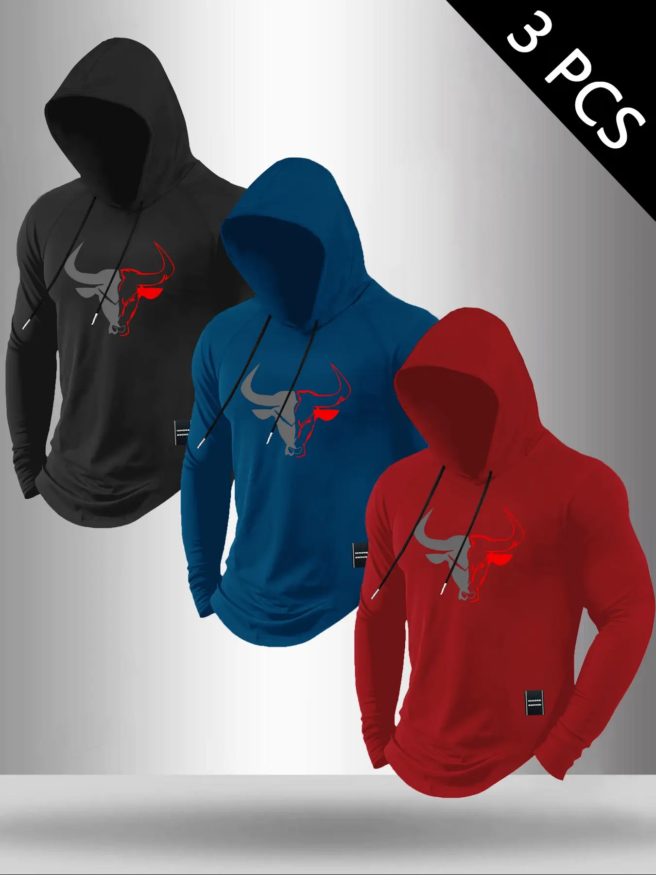 Men's Classic Bull Head Print Hooded Long Sleeve T-Shirt, Casual Comfortable Top, Suitable for All Seasons, Fitness Outdoor Wear, Casual Graphic Streetwear
