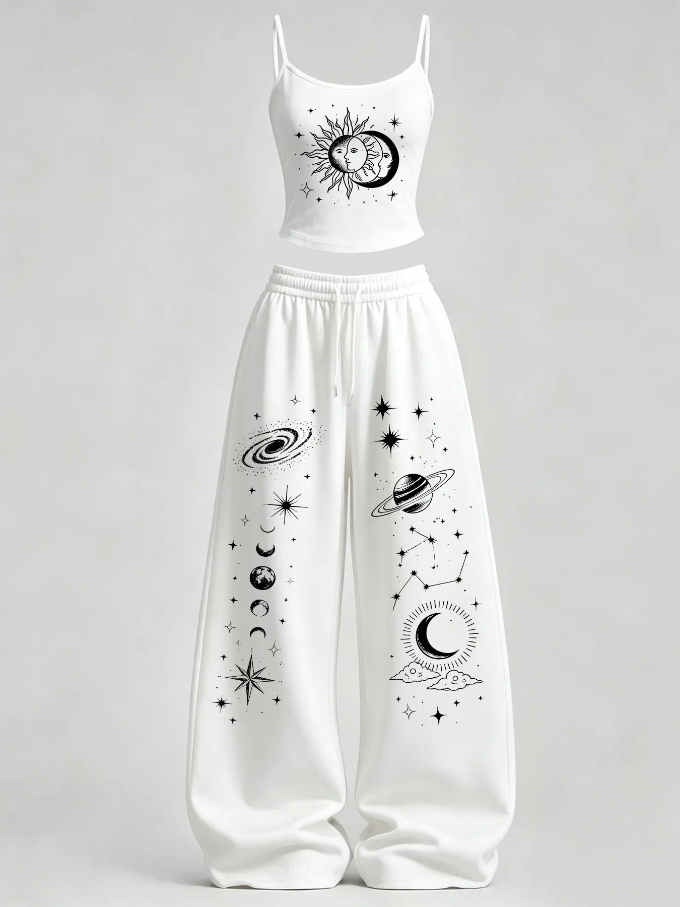 Women's Casual Tank Top Set, Sun Moon Star Print Slim Fit Vest + Loose Pants, Y2K Street Style, Daily Wear, Home Leisure