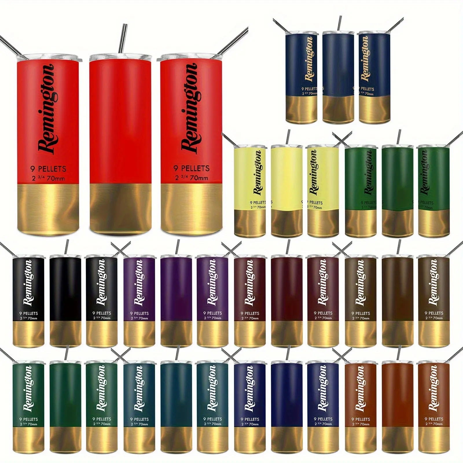 A 20-ounce stainless steel thermos cup with a striking ammunition exterior and a metallic bottom. Double-insulated design to keep drinks hot and cold, with a leak-proof straw cover for travel, driving, office and outdoor activities.