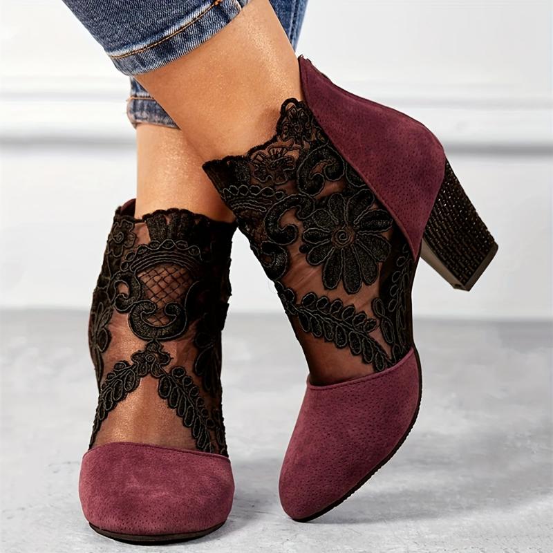 Elegant Black Lace Ankle Boots with Floral Patterns - Comfortable Chunky Heel, Back Zip Closure, Round Toe Design, Breathable Fabric Upper & TPR Sole for Stylish Women Girl Footwear Walking Shoes Decor