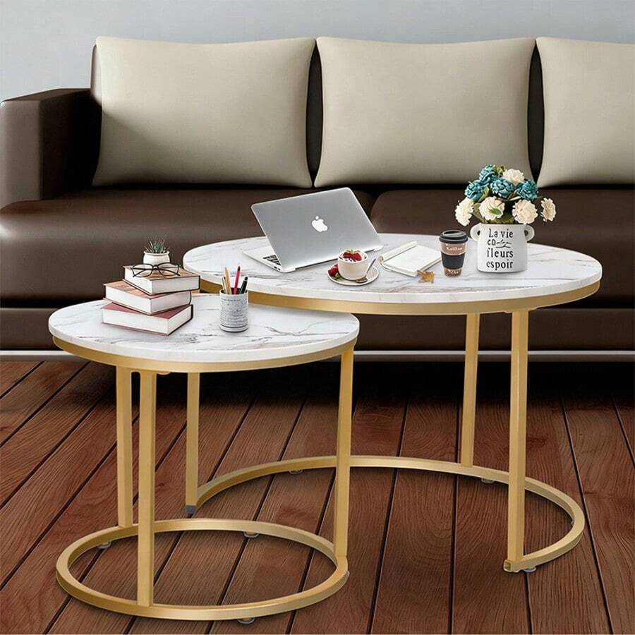 Nesting Coffee Table Set of 2 Round Side Tables, Modern Industrial End Tables with Sturdy Metal Frame, Oak Finish Accent Tables for Living Room Bedroom Apartment, Compact Nightstand & Sofa Side Table, Space Saving Home Furniture