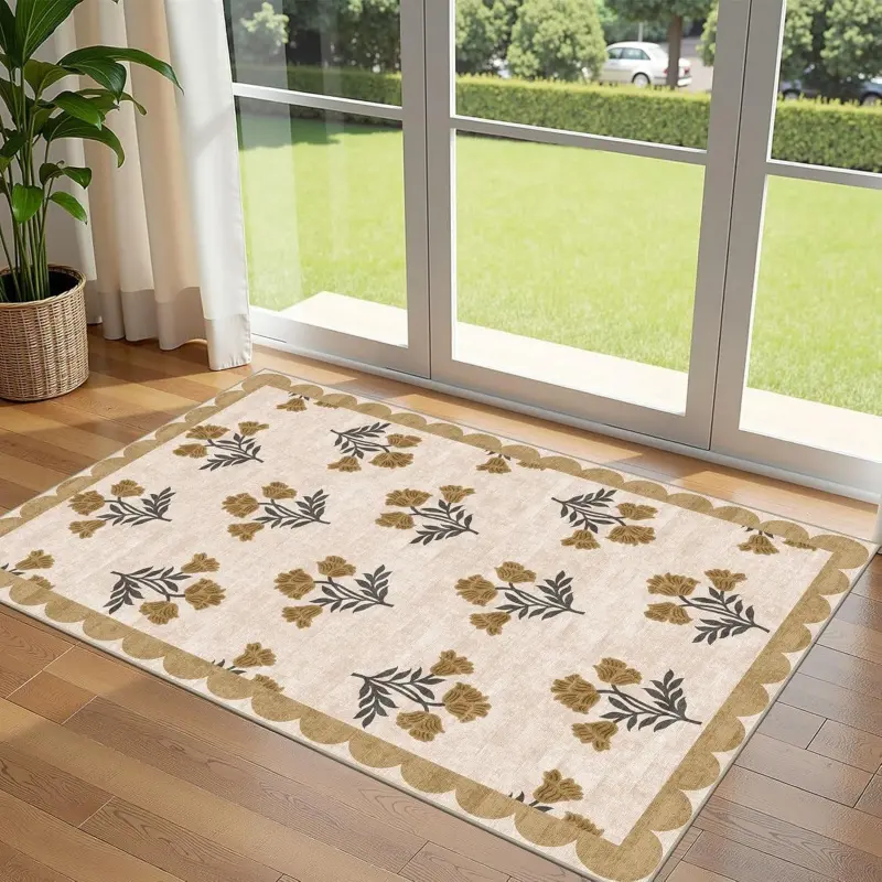 Front Door Mat Outside Entrance - 2x3 Floral Non-Slip Washable Doormat Indoor Outdoor Mat Tan Neutral Farmhouse Scalloped Entry Rug Small Throw Rugs for Entryway Kitchen Front Porch Decor Decorative Mat