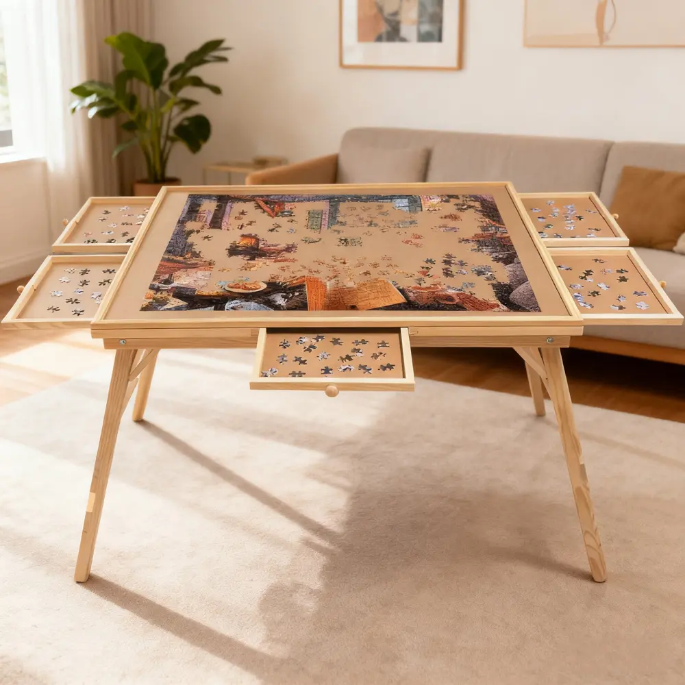 27" Tall Folding Puzzle Table with Legs, 1500 Piece Jigsaw Puzzle Board for Adults, Large 34" x 26" Wood Puzzle Table with 5 Storage Drawers, Portable Puzzle Board Game Table, Adjustable Puzzle Station for Home, Living Room, Nature Theme