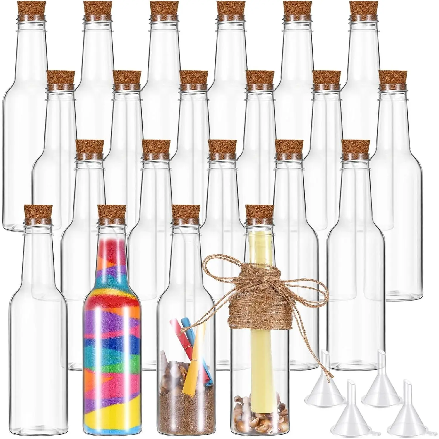 20 Pcs 5.6oz Plastic Sand Art Bottles with Cork Stoppers Wish Message Bottle Containers Clear Potion Bottles with Plastic Funnels for DIY Craft Wedding Birthday Party
