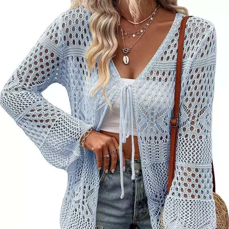 Women's Solid Color Hollow Out Tie Front Crochet Cardigan, Casual Long Sleeve Knitwear for Summer, Fashion Women's Knit Clothing for Daily Wear, Knitting, Summer Cardigan Women, Beach Cover Up, Lightweight Knit Top, Boho Crochet Sweater, Vacation Outfit