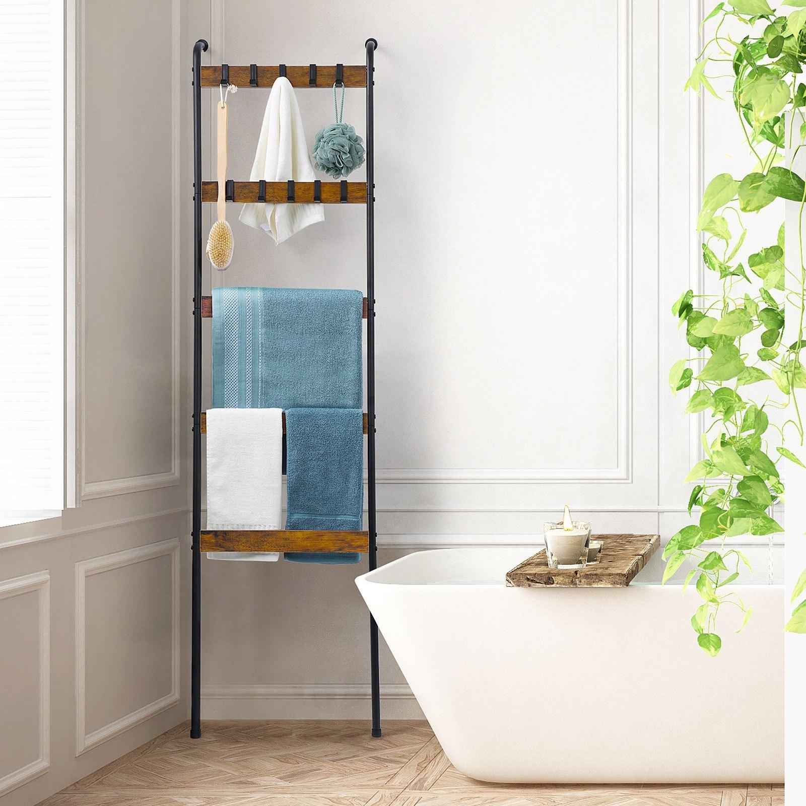 Wardrobe quilt holder, blanket ladder, 5-tier towel rack with 2 rows of detachable hooks, wall tapestry rack, practical shelves, bathroom towel rack, decorative display ladder rack, scarf, industrial, living room, bedroom, bathroom