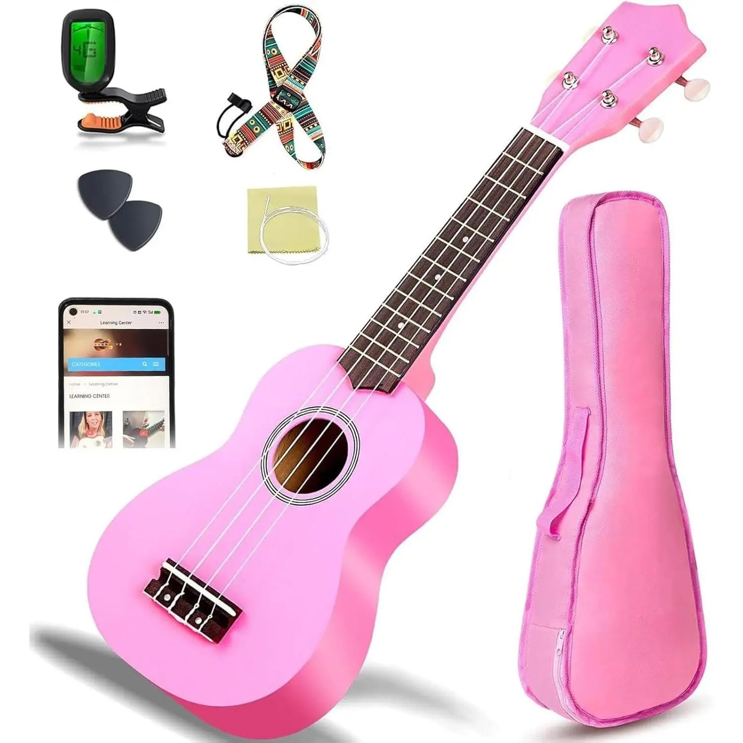 Soprano Ukulele Beginner Kit 21 Inch Ukelele w/Free  Lesson Case Strap Tuner Strings Picks,  to Learn