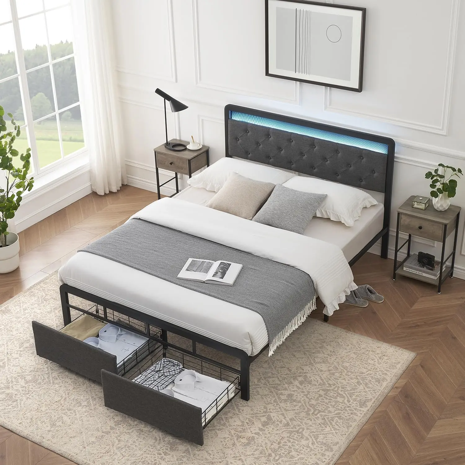 GARVEEFull Size Bed Frame with Storage Drawers, LED Lights, Linen Upholstered, Metal Slats, Easy Assembly, Dark Grey