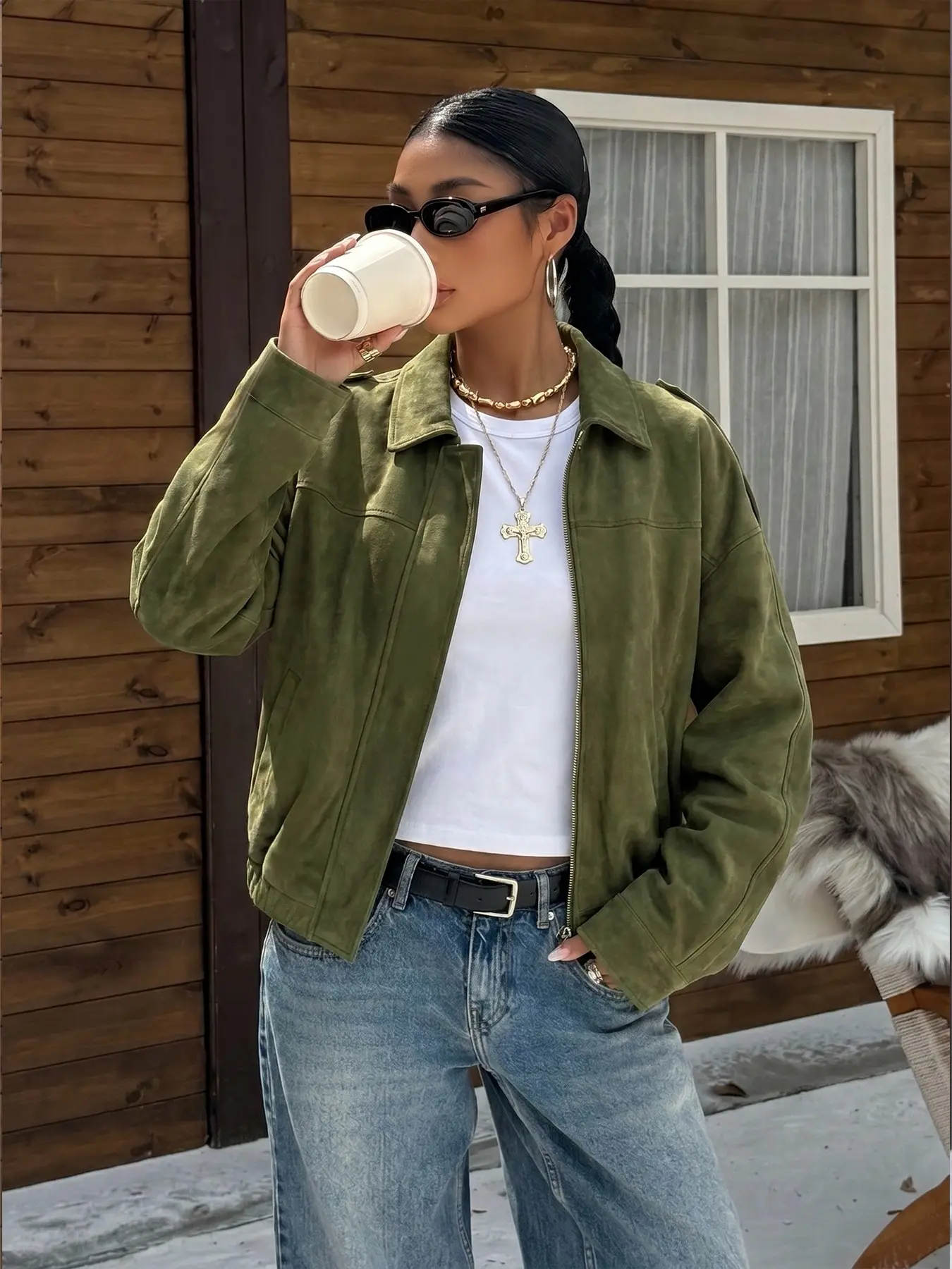 Women's Suede Texture Collared Zip Up Jacket, Oversized Cropped Cargo Bomber Coat, Outerwear, Lapel Turn Down Collar, Shoulder Epaulet Detail, Full Front Zipper Closure, Loose Casual Street Fit, Ribbed Elastic Hem Cuffs, Retro 90s Fashion