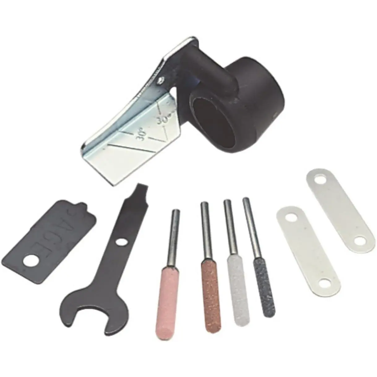 The 1453 chainsaw sharpening kit includes rotating tool accessories, a sharpening angle guide, and sharpening stones
