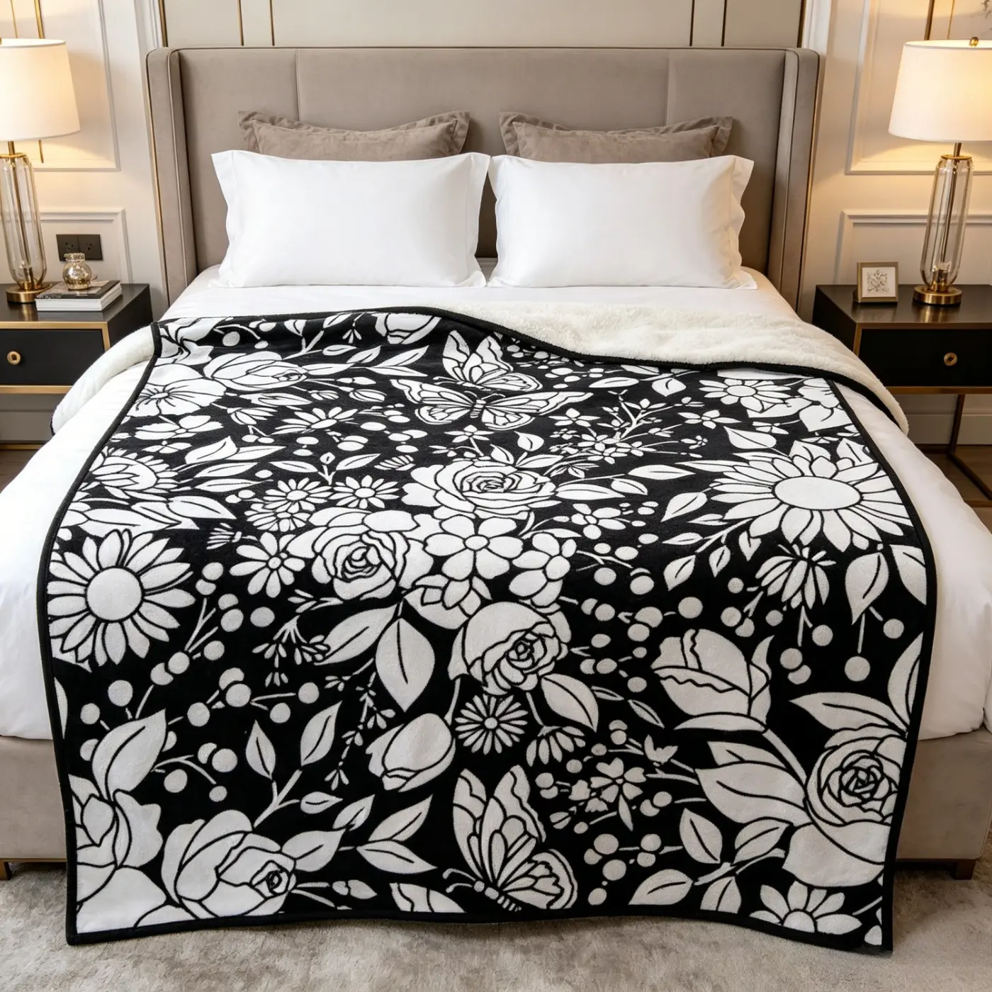 Color-Fillable Flannel Blanket, DIY Creative Art Craft Coloring Blanket Kit for Kids Adults, Large Black White Floral Butterfly Painting Throw Blanket, Perfect Holiday Birthday Christmas Thanksgiving Mother's Day Gift for Family Home Bedroom Sofa Decor