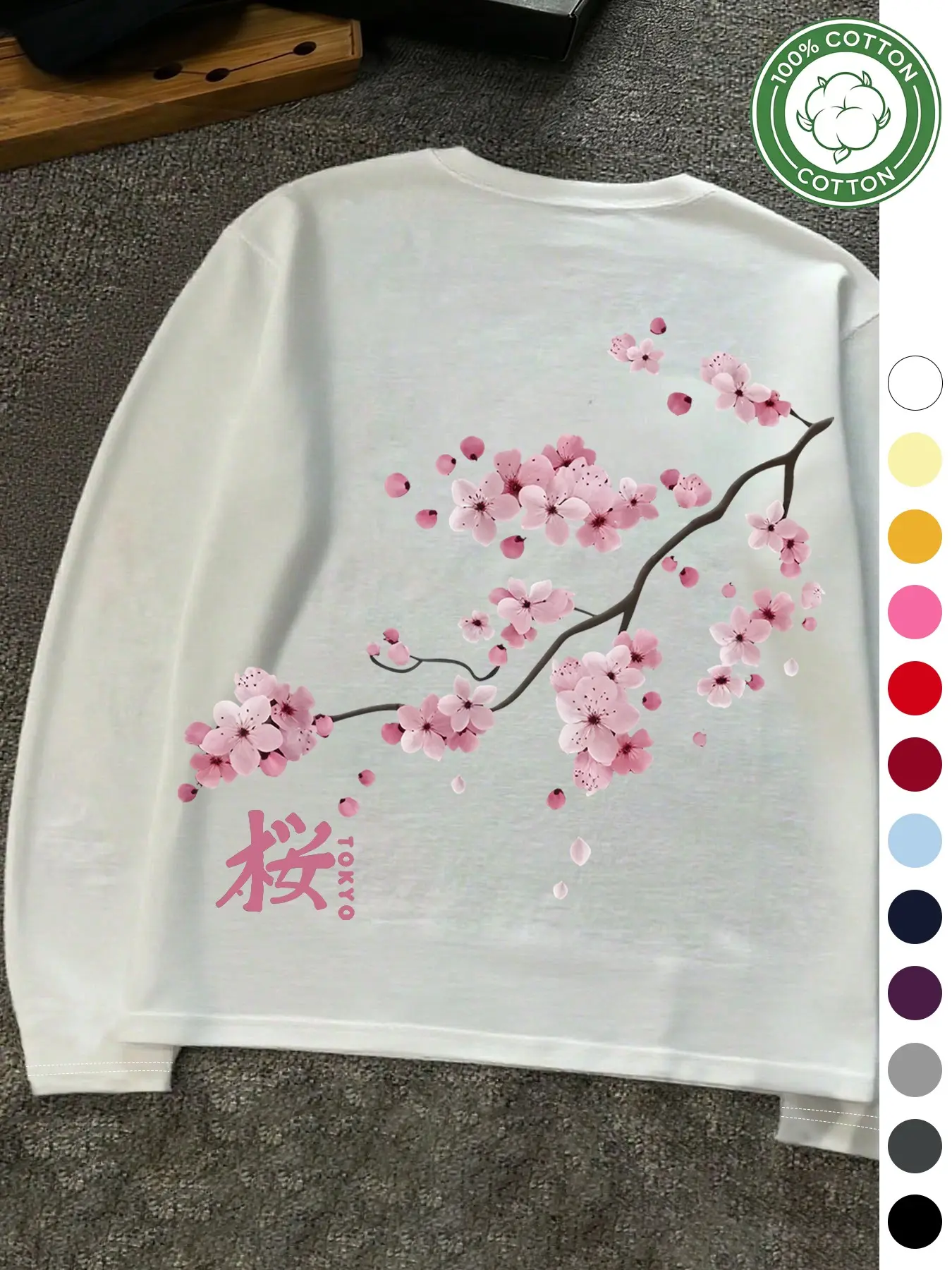 100% Pure Cotton Tokyo Cherry Blossom Print Long Sleeve T-Shirt, Japanese Style Top, Spring Fall Daily Street Travel Wear