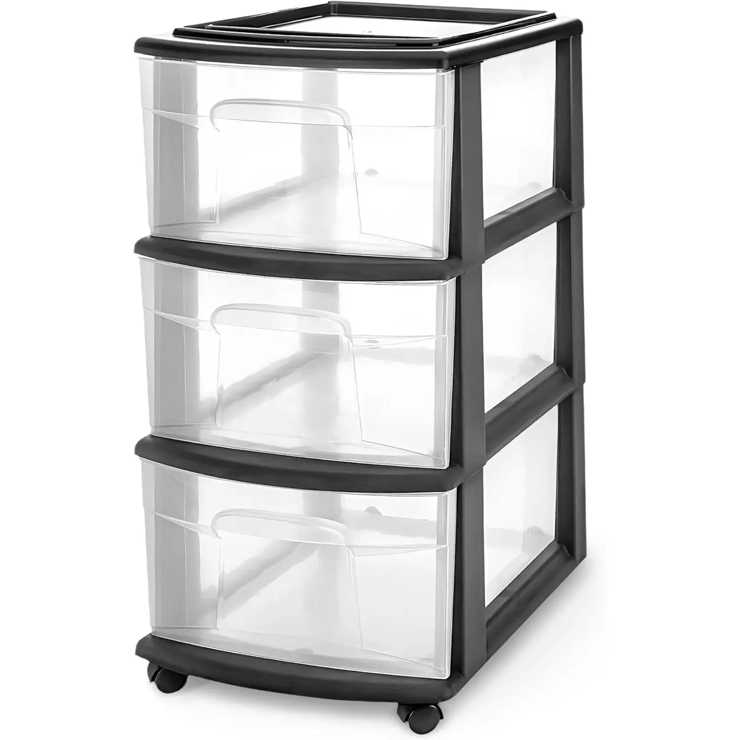 Drawer Tower, 3-Tier Clear Plastic Storage Organizer Cart, Black Frame – Organizing Containers with Wheels for Home, Bathroom, Bedroom, Office, and Classroom