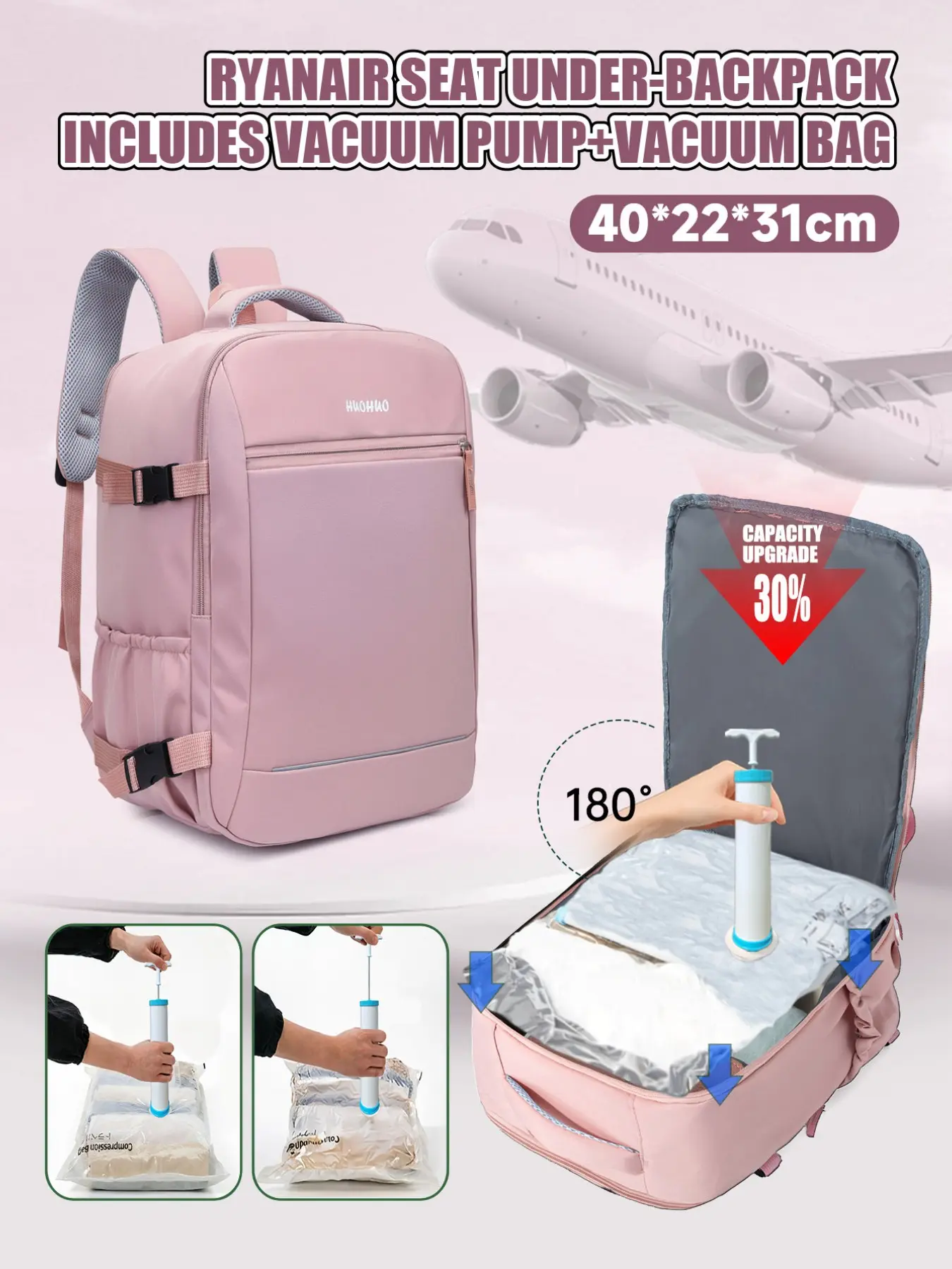 Unisex Travel Backpack with Vacuum Compression Bag and Pump, Approved Carry-On for 16-Inch Laptops, Casual University Work Bag