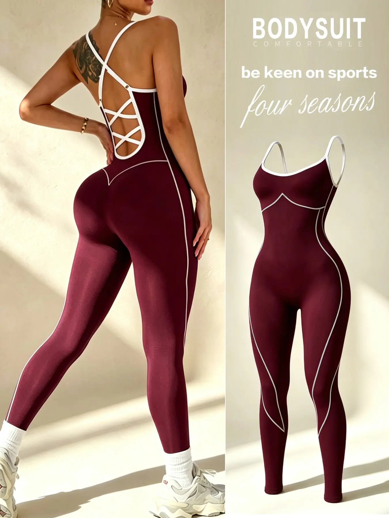 Women's Colorblock Sport Jumpsuit, Seamless Knit Tummy Control Yoga Suit, High Waist Athletic Wear, All Seasons Fitness, High Elasticity Jumpsuit
