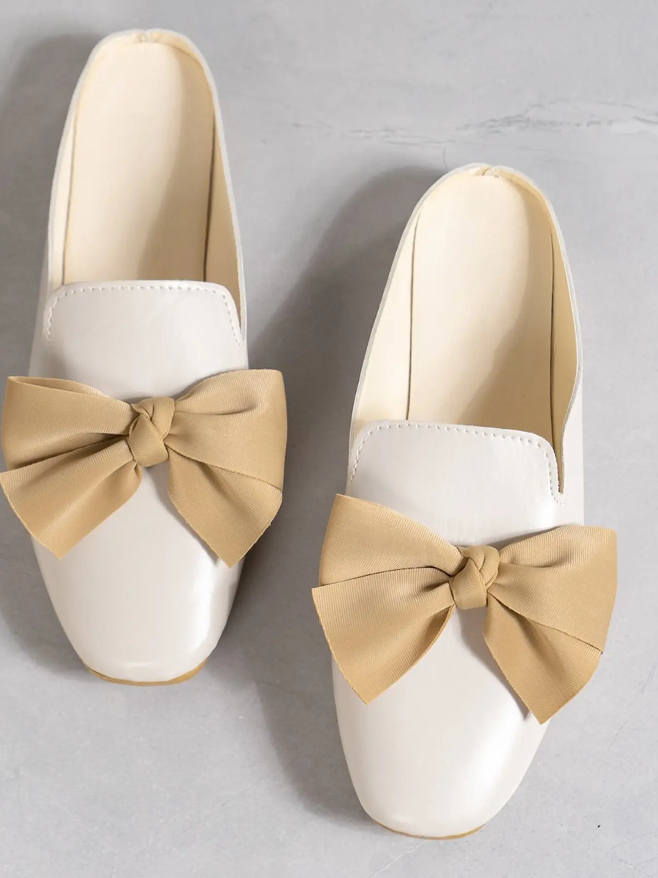 1 Pair Soft Satin Bow Square Toe Slippers, Glossy PU Leather Sole, Comfortable for Commute and Dates, Lazy Summer Sandals