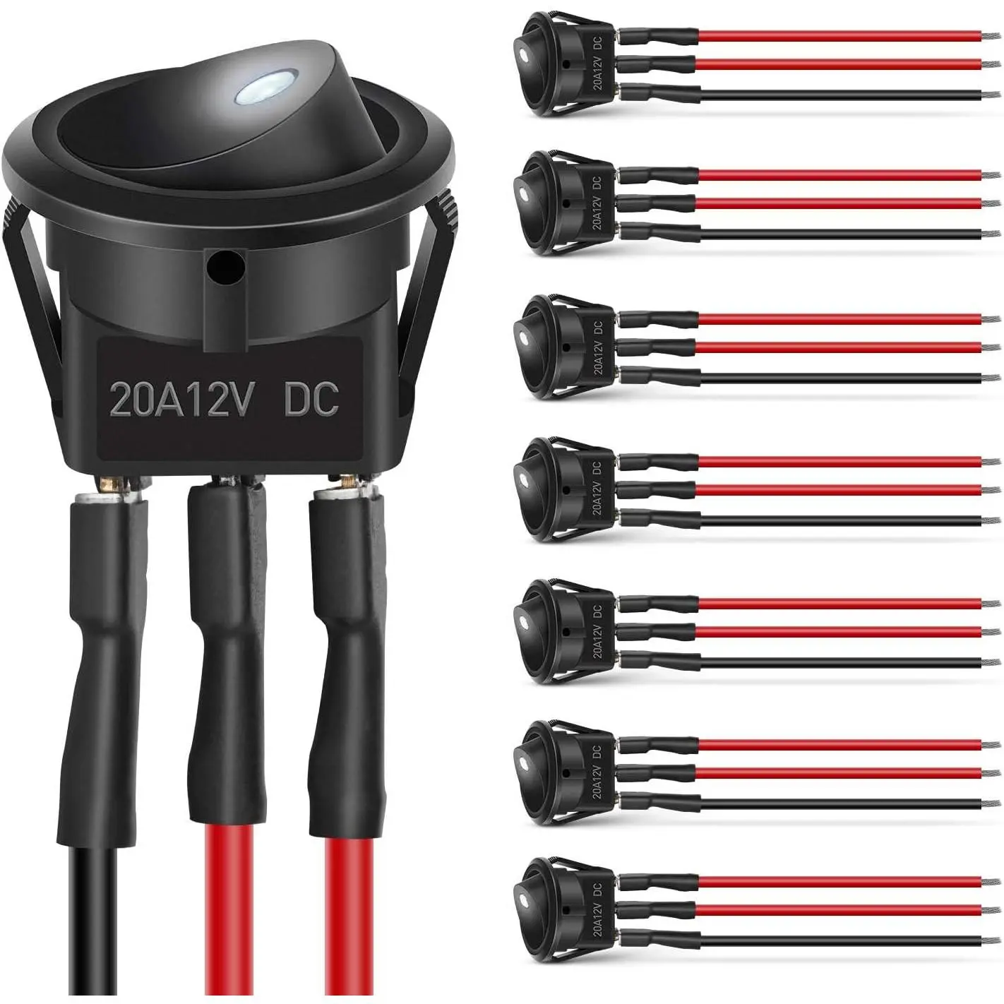 Nilight 8PCS Round Rocker Switches - 12V/24V 20A White LED SPST Toggle Switches, 3Pin 2Position with 16AWG Presoldered Wires, for Cars Trucks, On/Off Control