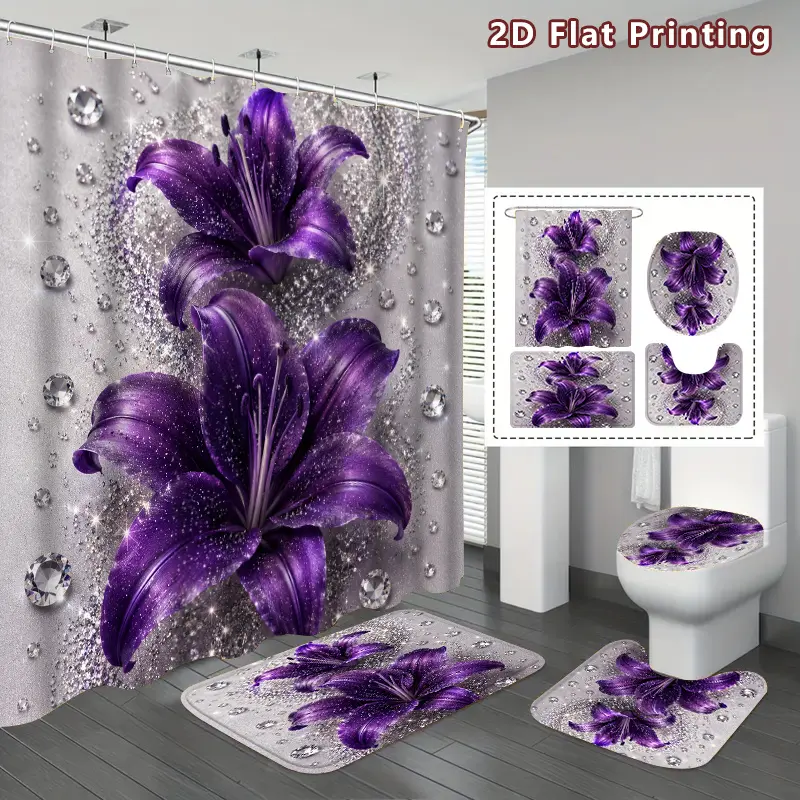 4-Piece set, purple lily Shower Curtain Set For Bathroom, dark purple glitter diamond lily bathroom decoration, including bath mat, U-shaped mat, toilet cover cover, shower curtain with hook, elegant floral charm, home decoration, bathroom accessories