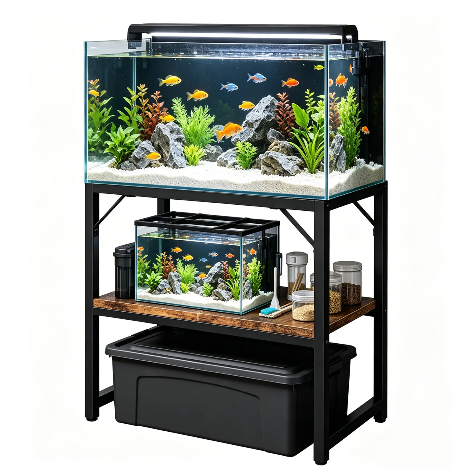 Heavy-Duty 40-50 Gallon Fish Tank Stand, Metal Frame & Rustic Brown Wood Top Aquarium Stand - 2-Tier Storage Shelves, Stable Space-Saving Rack for Turtle/Reptile Terrarium (Stand only)