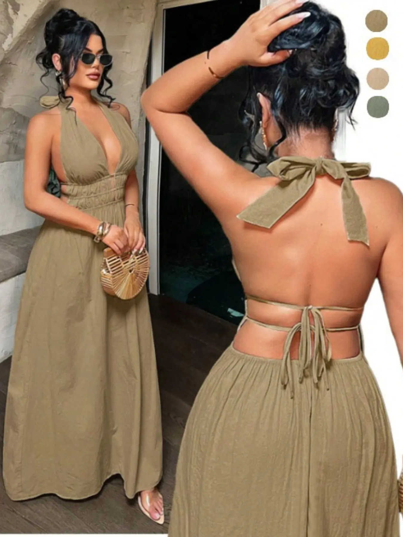 Women's Solid Color Deep V Neck Backless Ruched Design Sexy Maxi Dress,Summer Dresses For Women