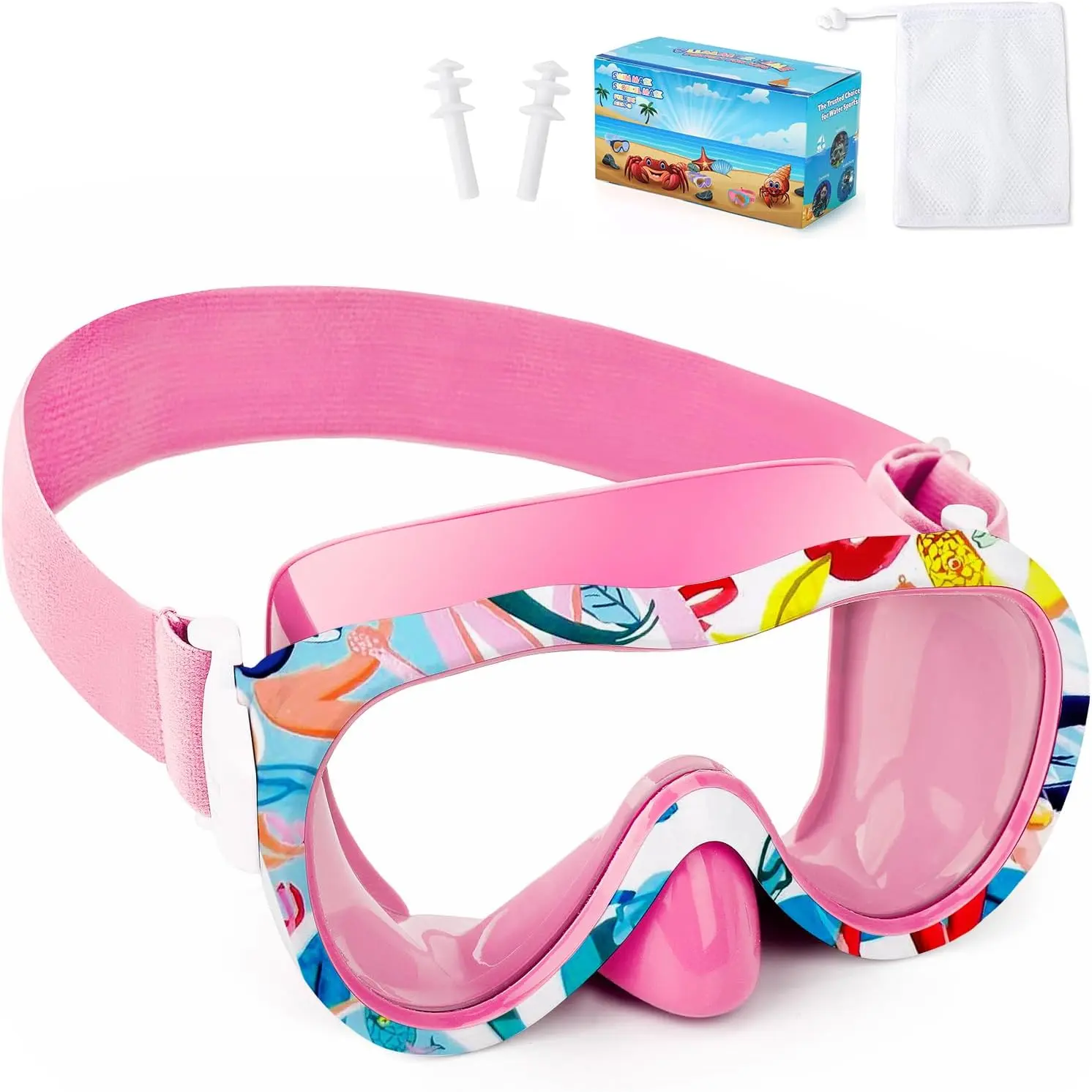 Swim Goggles with Nose Cover, 180° Panoramic Snorkel Mask with Anti-Fog & Anti-Leak Design, Comfort Fabric Strap UV Protection Lens for Boys Girls Ages 3-15