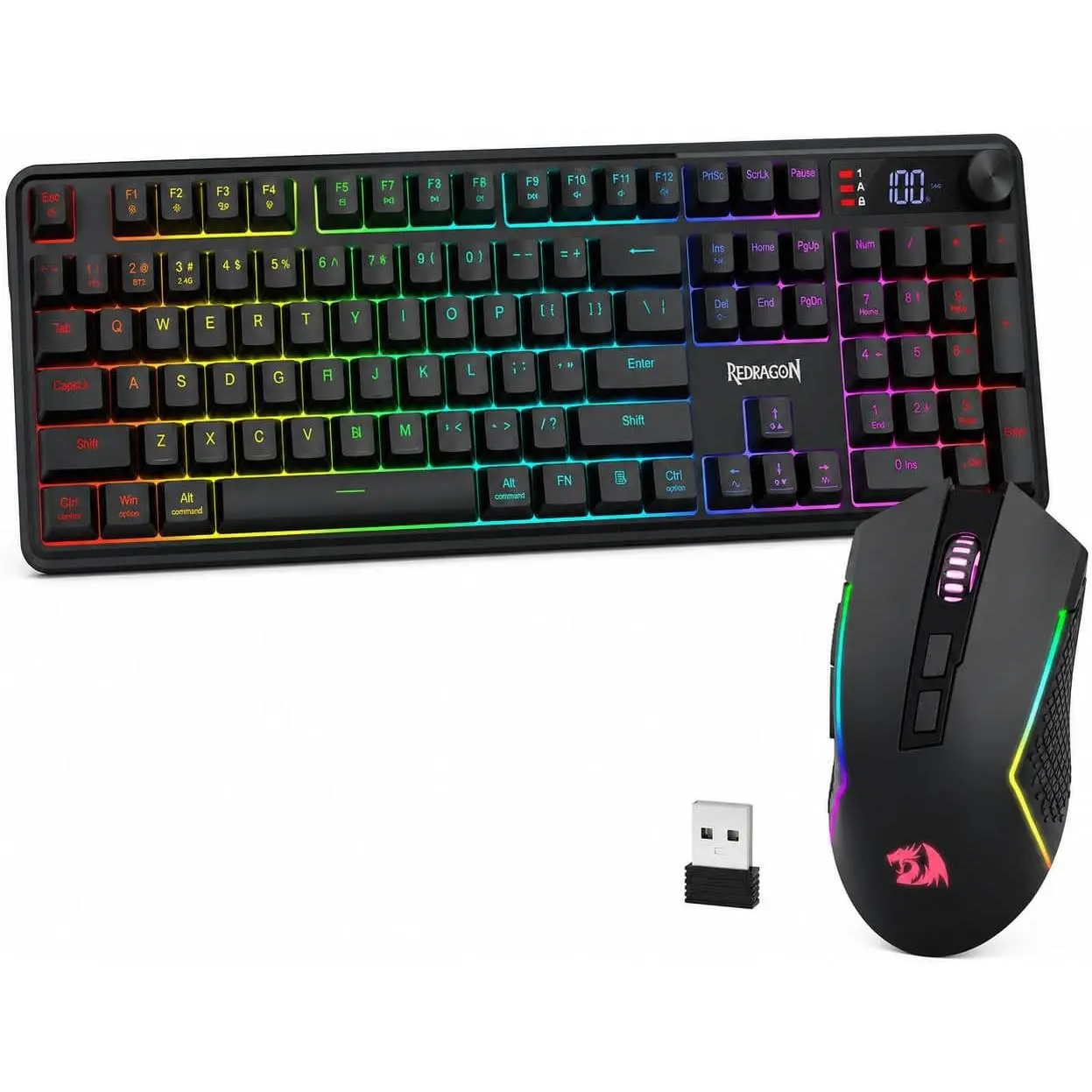 Redragon Wireless K526 PRO Membrane Keyboard & M693 PRO Gaming Mouse Combo | LED Info Display & Knob, 0-Delay Tri-Mode Both Devices, Adjustable DPI Up to 4800, Shared Dongle for Cordless Desktop