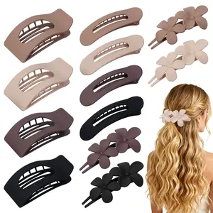 12 Pack Flat Hair Clips for Women - Matte Neutral Square Claw Clips, Flat Barrettes & Flower Pins in Black, Blonde,Light Brown & Dark Brown, Soft  Hair Accessories for Thick & Thin Hair