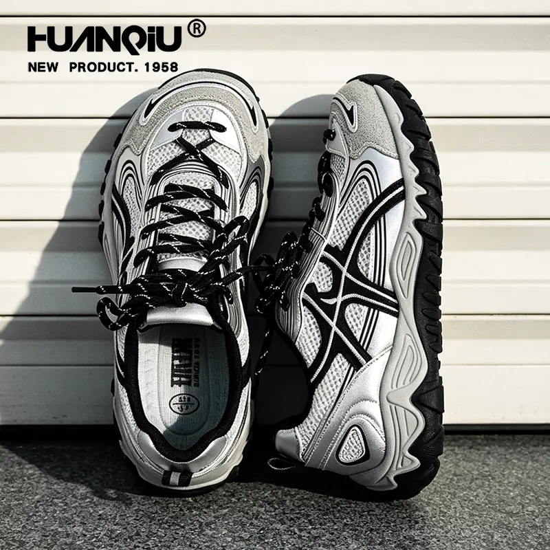 [Couple's Silver-Gray Retro Functional Chunky Shoes] HUANQIU Global Mesh Breathable Thick-Soled Shoes, Unisex, Anti-Slip, Height-Increasing, Casual Sports Running Shoes Sporty Running Shoes Running Sports Footwear