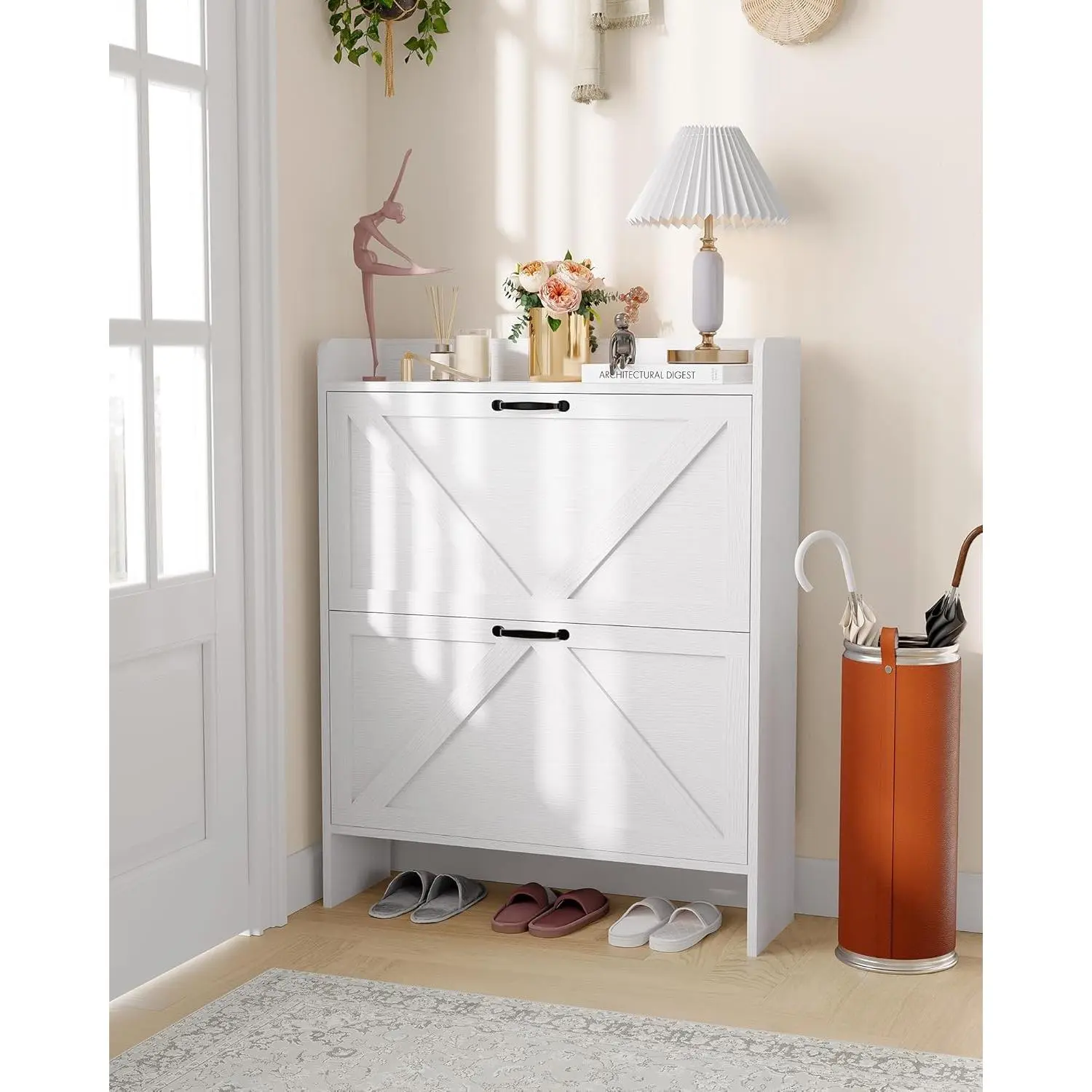 Garvee Space-Saving Narrow Shoe Storage Cabinet with 2 Turnover-Down Drawers - Hidden Dustproof Shoe Organizer, Adjustable Shelf, Anti-Tip, MDF with Metal Legs for Entryway/Hallway/Bedroom