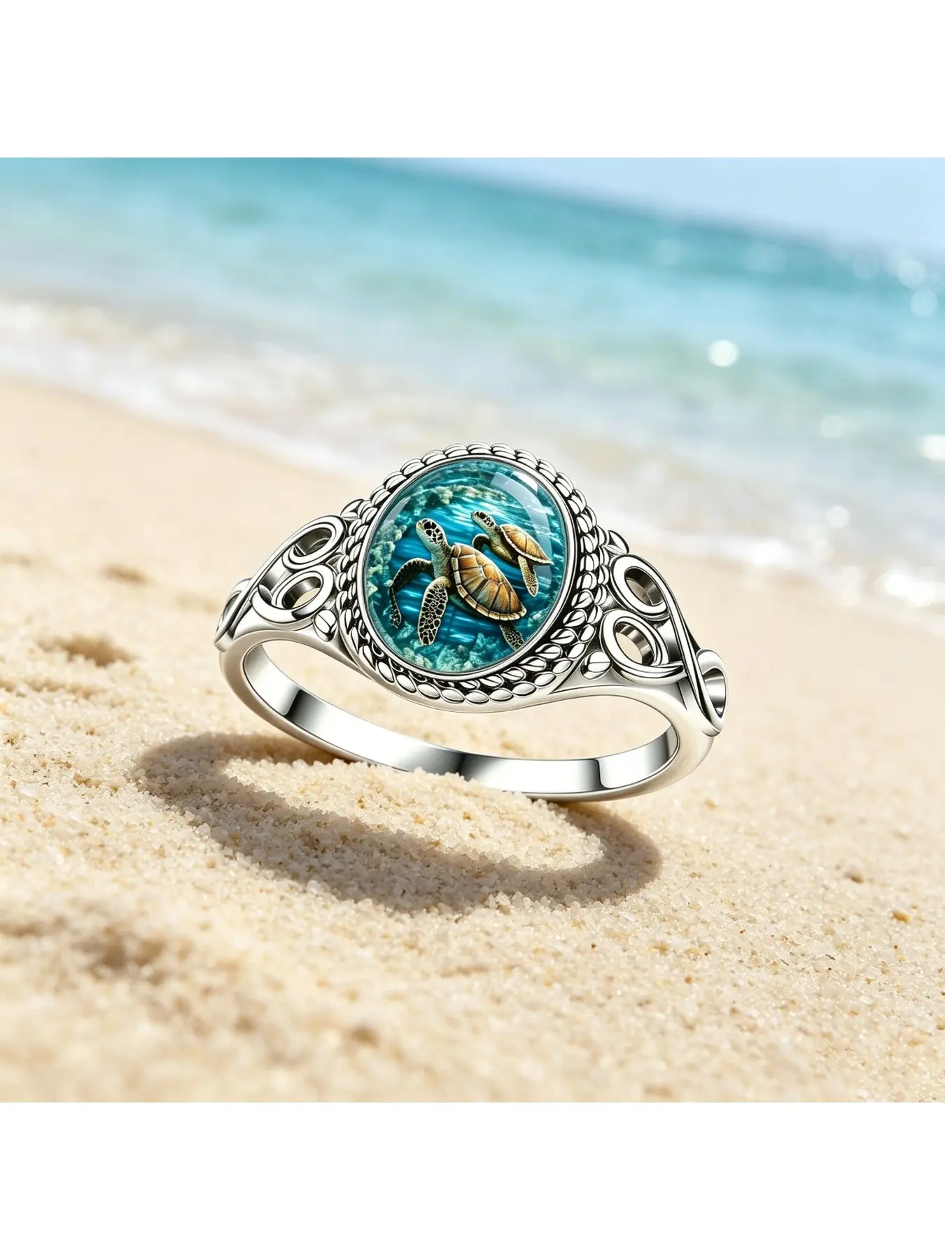 Vintage lady's open-work pattern round ring, Copper statement ring, with illustration of large sea turtles, symbolizes longevity, peace and fresh oceanic style, Jewelry Rings, ideal for daily gift giving and deco