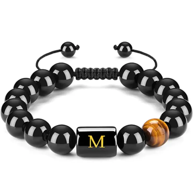 Minimalist Initials Bracelets for Men Letter Link Handmade Natural Black Onyx Tiger Eye Stone Beads Braided Rope Meaningful Bracelet Daily Vacations, Party Wear, Jewelry, Holiday Gift
