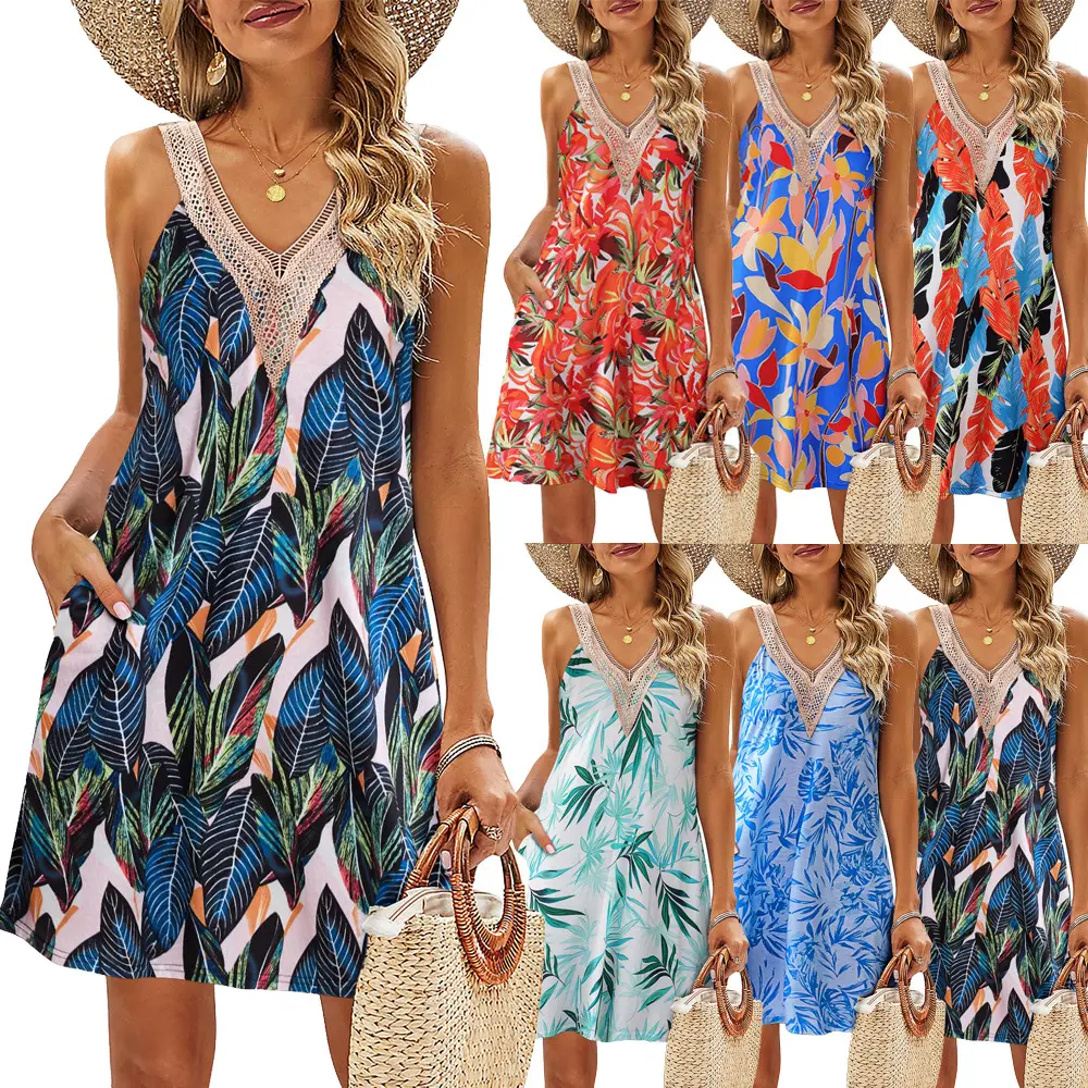 Women's Polyester Lacy Casual Summer Dress - V-Neck, Sleeveless, Tropical Print, Beach Tank Skirt Dress