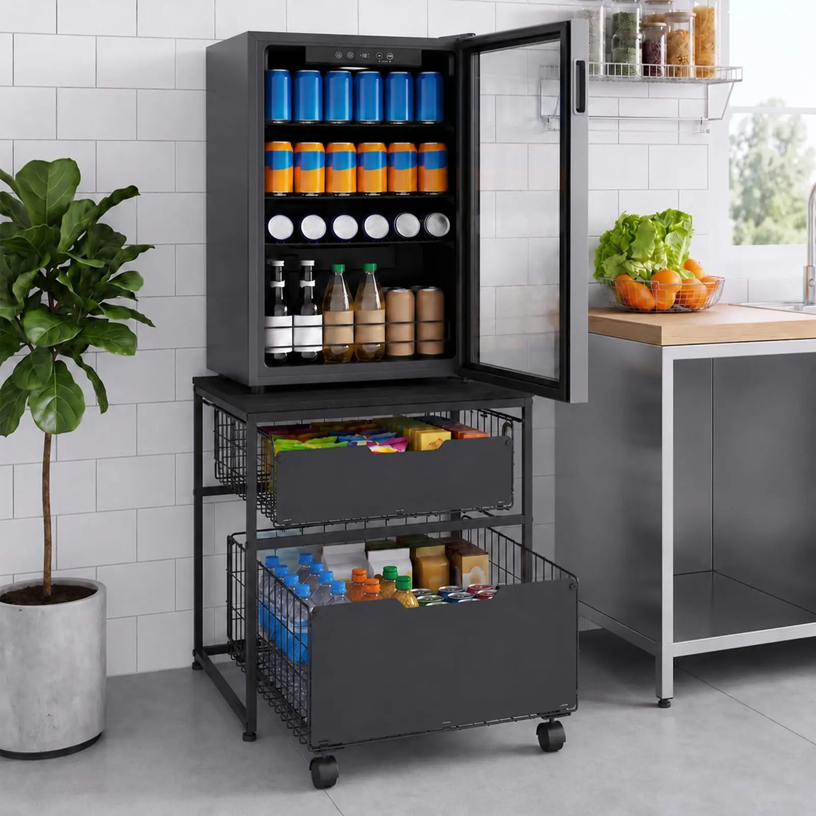 Garvee Mini Fridge Stand with Metal Storage Drawer Basket, 22x22 in Small Refrigerator Cart for Dorm/Kitchen - Space-Saving Storage - Sturdy Wood & Metal - Black