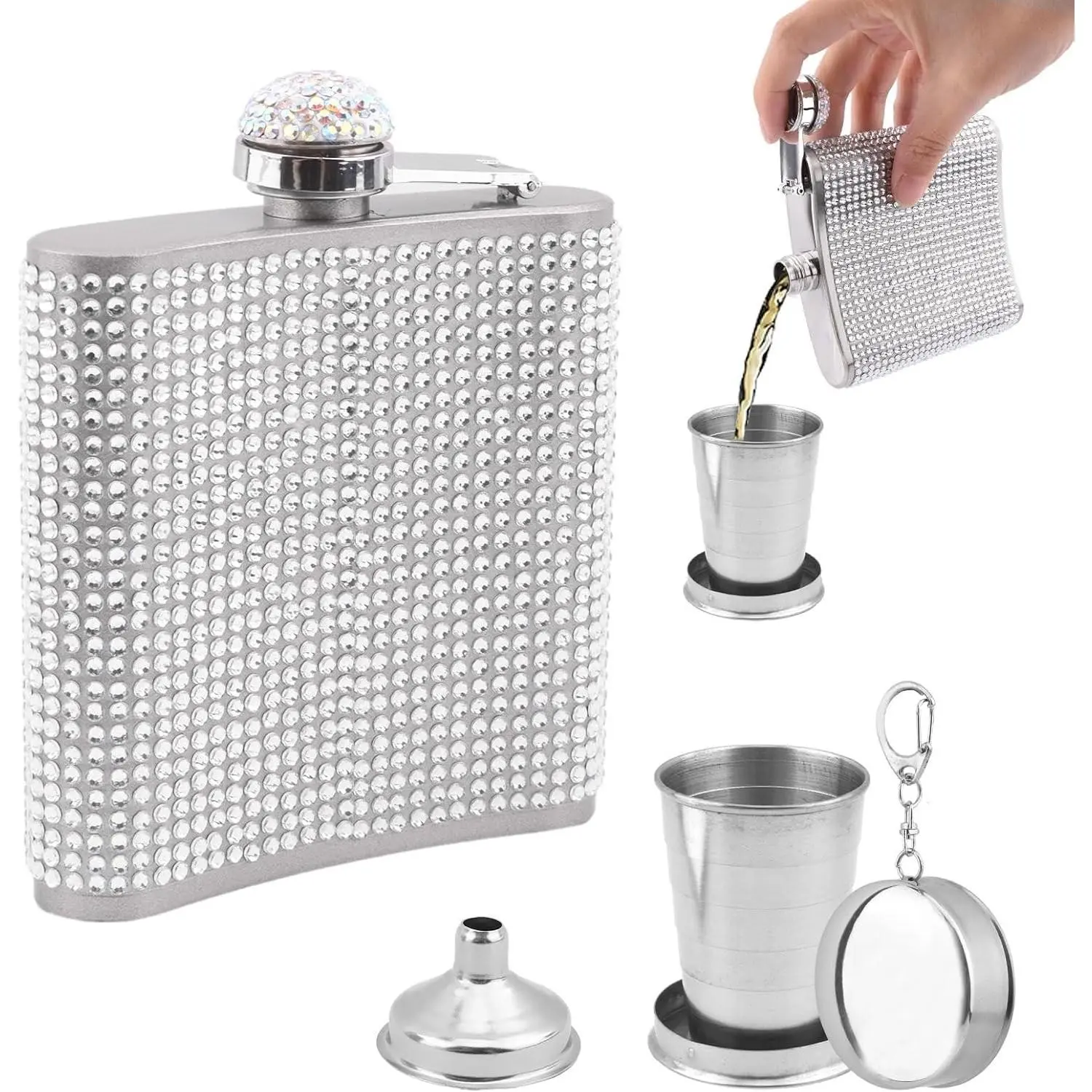 6oz Bling Rhinestone Diamond Hip Flask for Women, Glitter Stainless Steel Leakproof Portable Flask for Whiskey Liquor