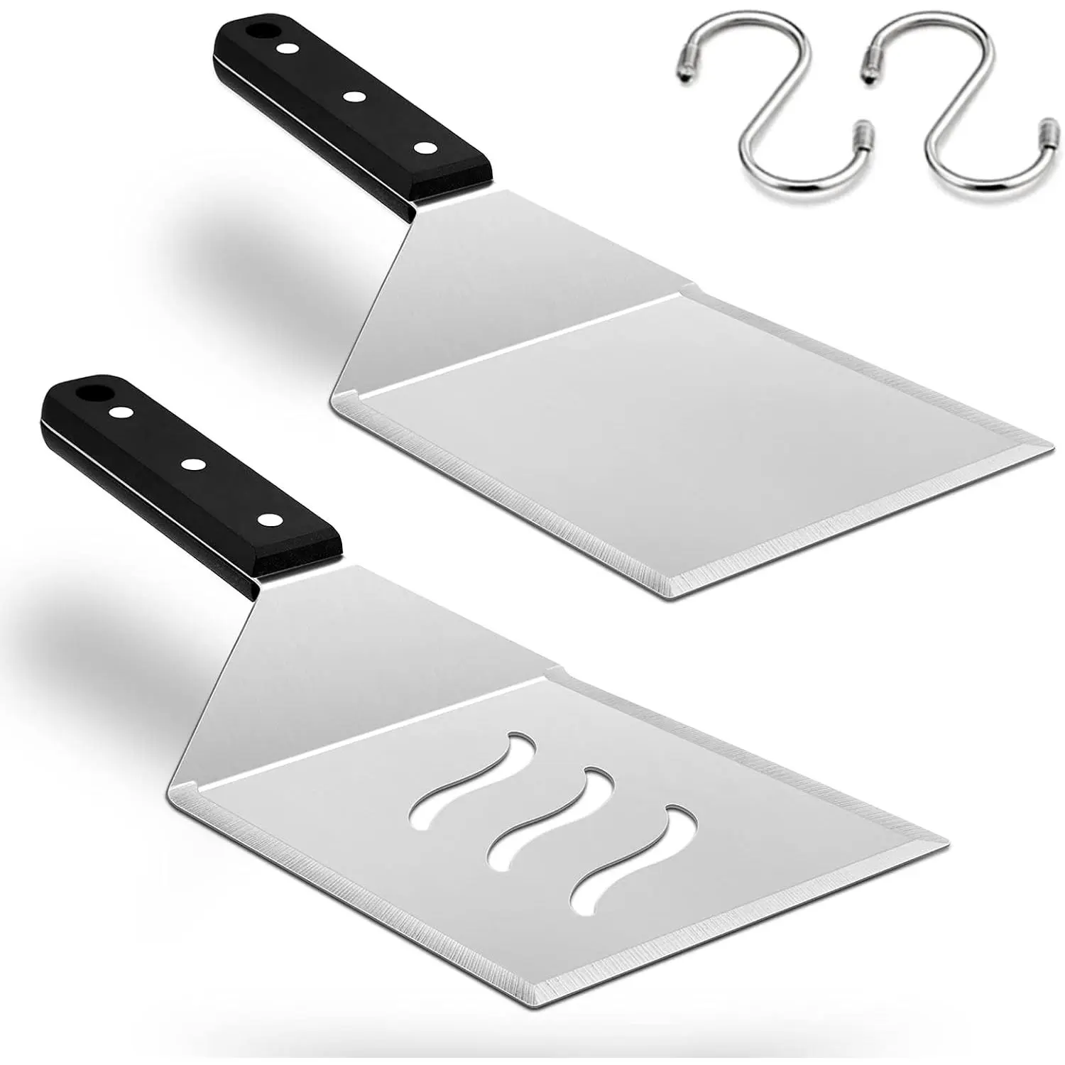 Metal Spatula Set, Large Griddle Spatula Tools for Flat Top BBQ | Stainless Steel Hamburger Turner Pancake Flipper for Teppanyaki Indoor Outdoor Cooking, Dishwasher Safe, ABS Handles, 2 Hooks