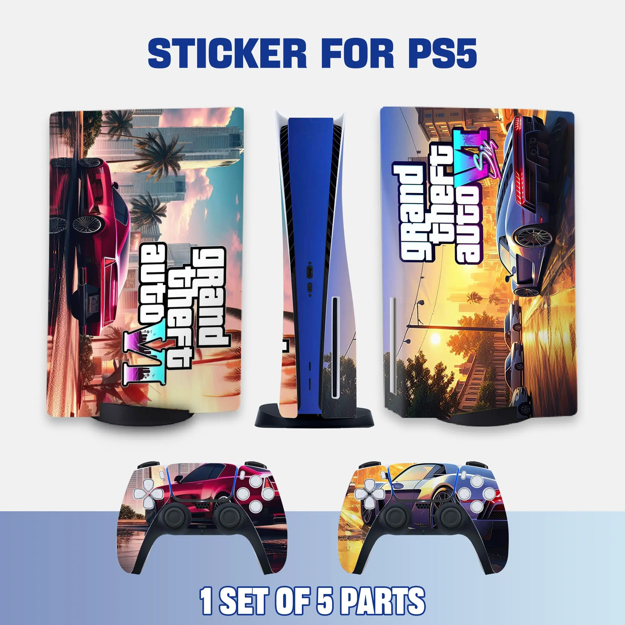 Coastal City Sports Car Sunset Aesthetic Style PS5 Disc Edition Vinyl Skin Sticker for Console & Controllers, Waterproof Protection, Scratch-Resistant, Dustproof Coverage, Removable Design & No Residue