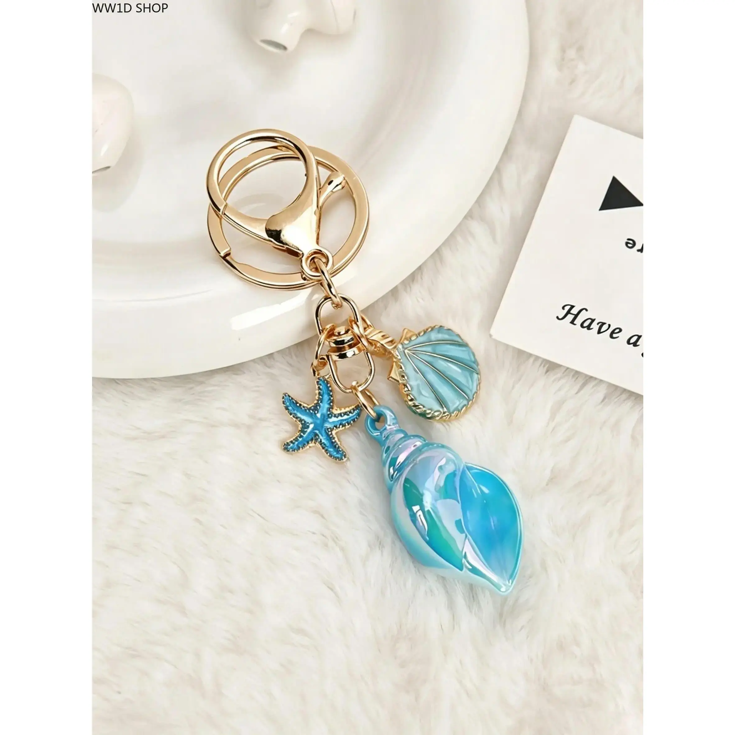 Iridescent Nautical Keychain and Bag Charm, Unisex Zinc Alloy Accessory with 3D Seashells and Starfish Pendants for Daily Use or Engagement Gift, Animals, Anniversary, Business, Coastal, 3D Seashell Detail, 3D Charms