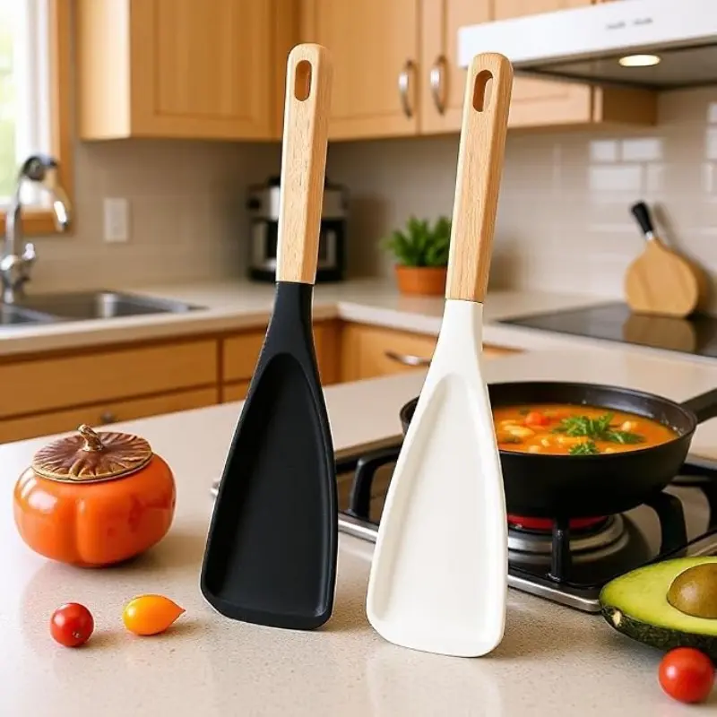 Non-Stick Cookware Spatula Set, BPA-Free Silicone, Wooden Handle, Ideal for Stirring, Scooping, Scraping, Two-Piece Set